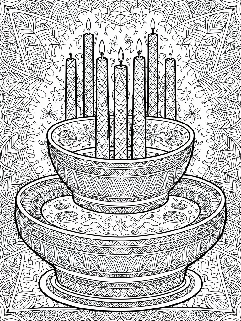 Ornate line art of tiered bowl with patterned candles on decorative background