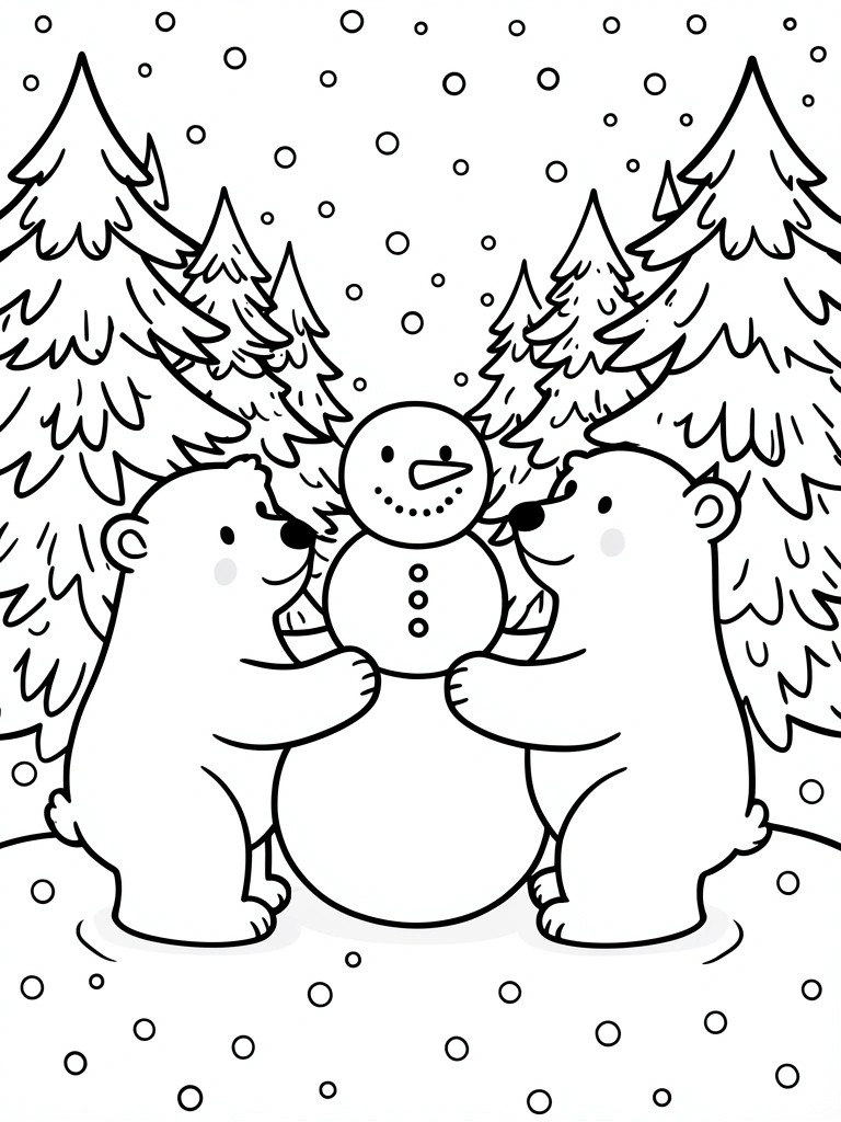 Two polar bears building a snowman in snowy forest with pine trees