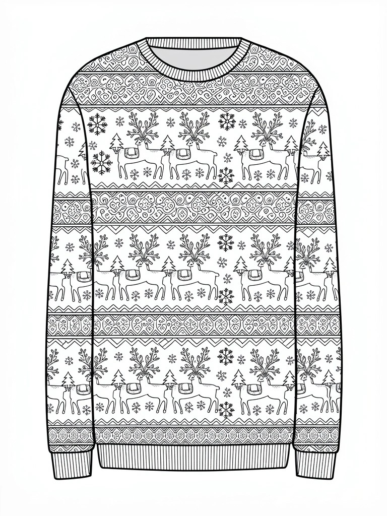 A black and white line drawing of a long-sleeve holiday sweater covered in rows of reindeer, snowflakes, trees, and patterned borders.