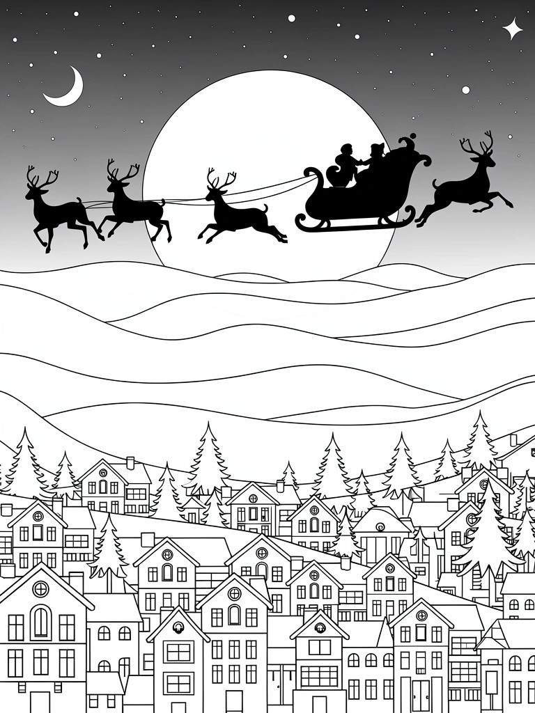Santa's sleigh and reindeer flying over snowy town under full moon at night