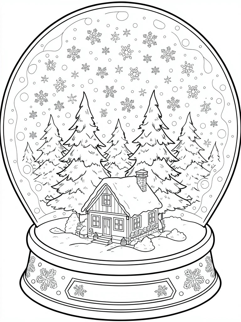 Snow globe line drawing with cabin, pine trees, and falling snowflakes inside.