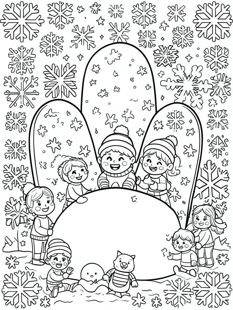 A black and white coloring page shows children in winter clothes building and playing with a snowman, set against large mitten outlines filled with snowflakes.