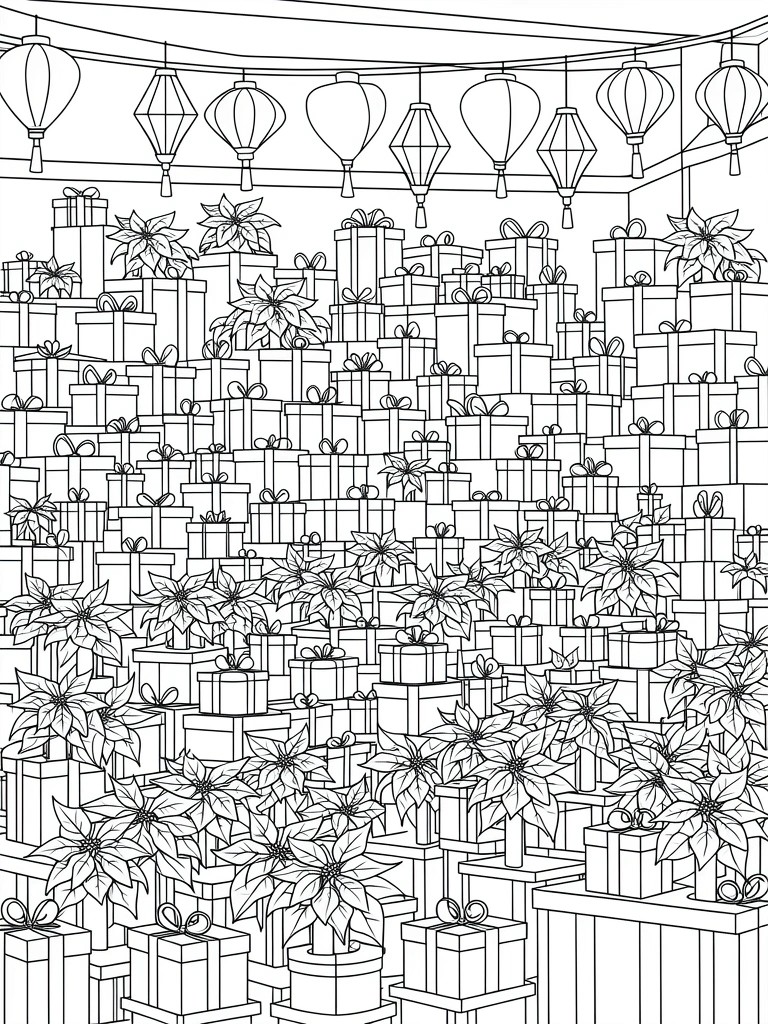 Coloring page of stacked gift boxes, poinsettia plants, and hanging lanterns.