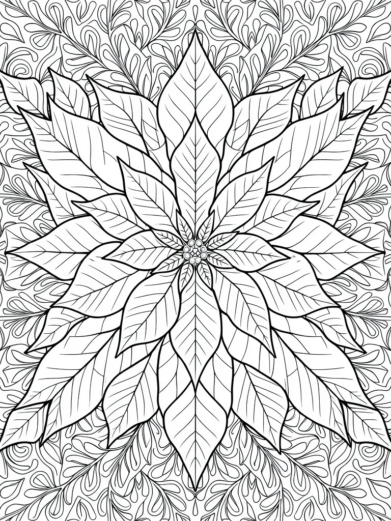 Intricate black and white coloring page of a symmetrical poinsettia flower mandala.