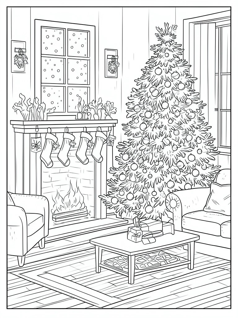 Line art of Christmas living room with decorated tree, stockings on fireplace, and gifts.
