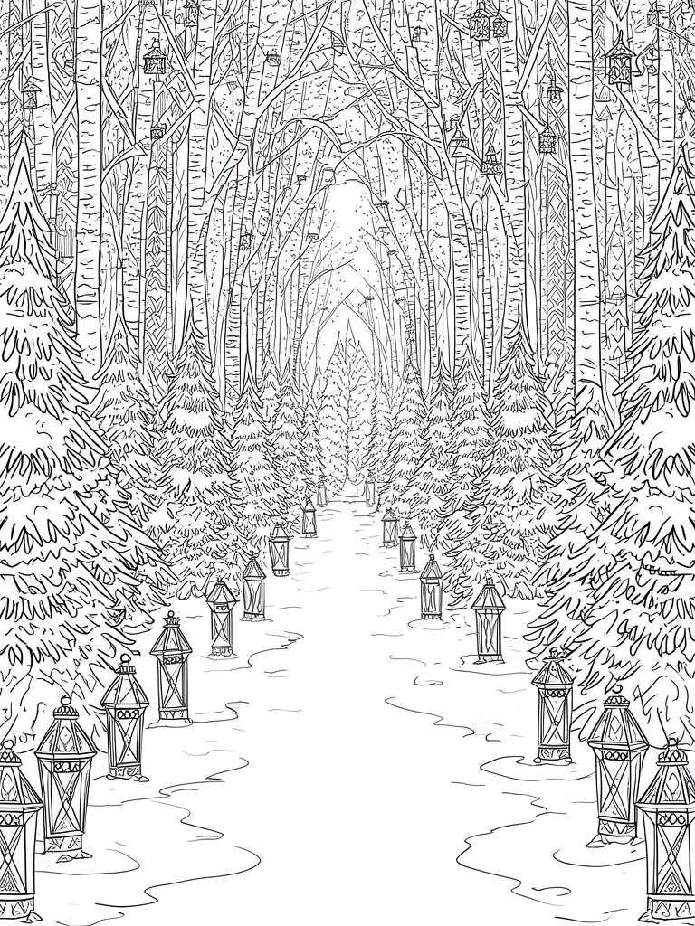 A black and white line drawing of a snowy forest path lined with ornate lanterns on the ground and hanging from trees.