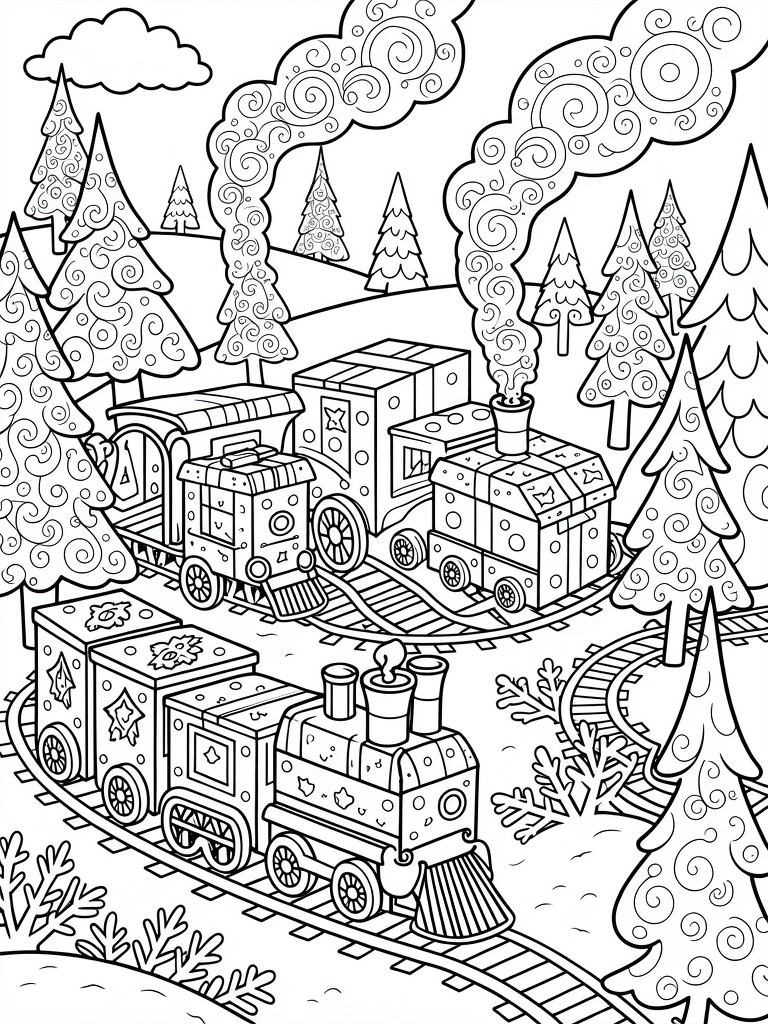 Coloring page of steam trains on winding tracks amid patterned pine trees.