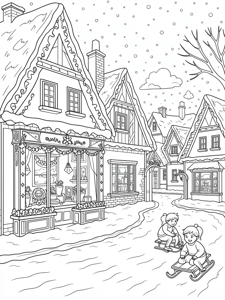 Coloring page of two children sledding past snow-covered shops and houses.
