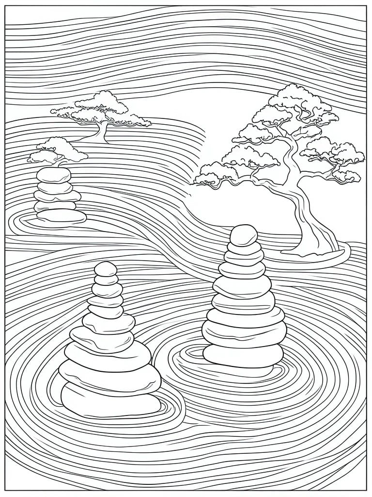 Line drawing of stacked stone cairns, bonsai trees, and swirling wave patterns