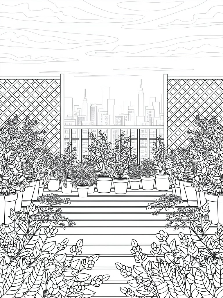A line drawing of a balcony with potted plants on steps and a railing, lattice fences on the sides, and a city skyline visible in the background.