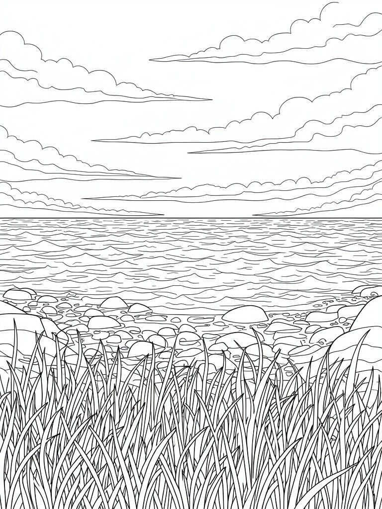 A black and white line drawing of an ocean scene with waves, scattered rocks on the shore, and tall grass in the foreground beneath a cloudy sky.