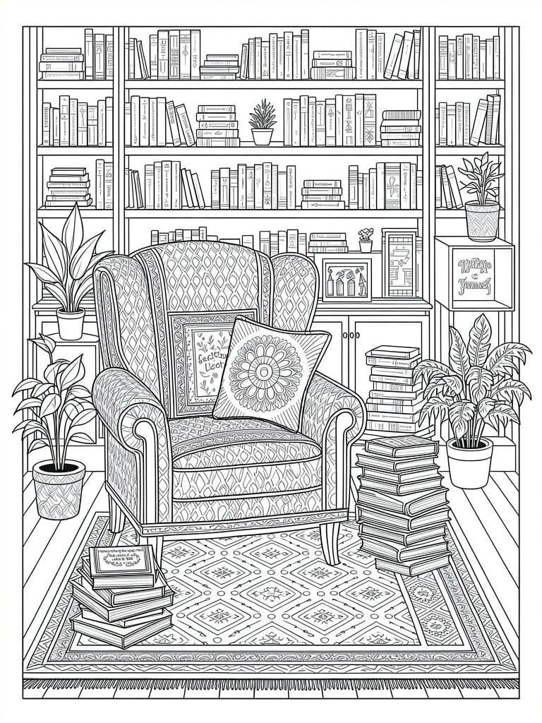 Cozy armchair with pillows amid bookshelves, plants, and stacked books on a patterned rug.