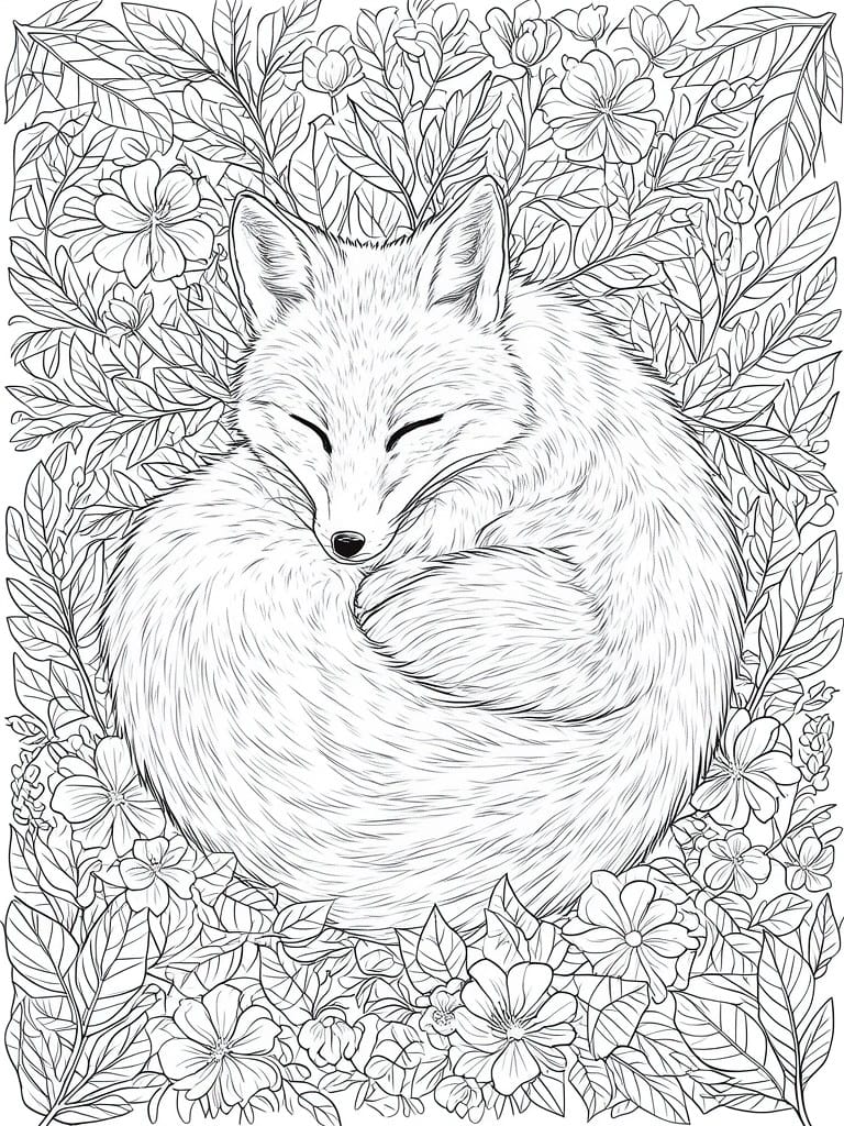 Sleeping fox curled among dense flowers and leaves in line art illustration