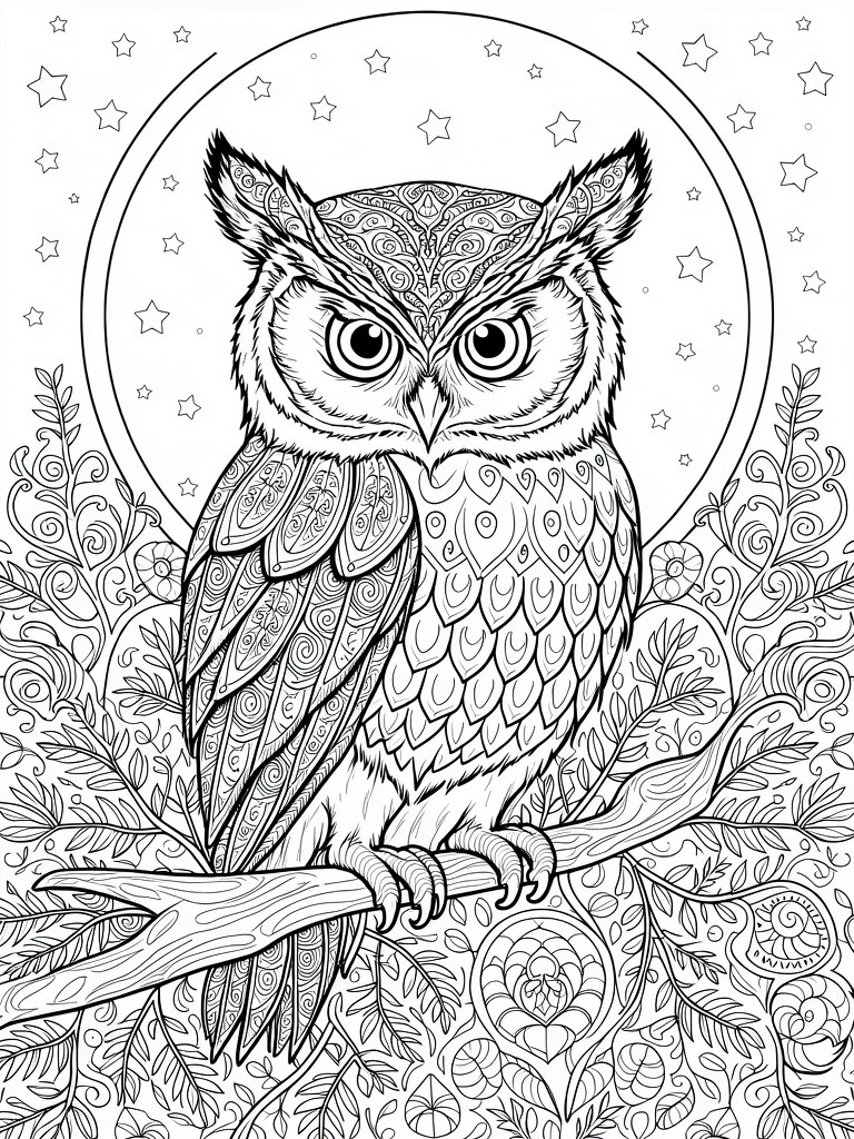 A coloring page of an owl with intricate patterns on its feathers sitting on a branch under a starry sky with a large circle behind it and foliage on the sides.