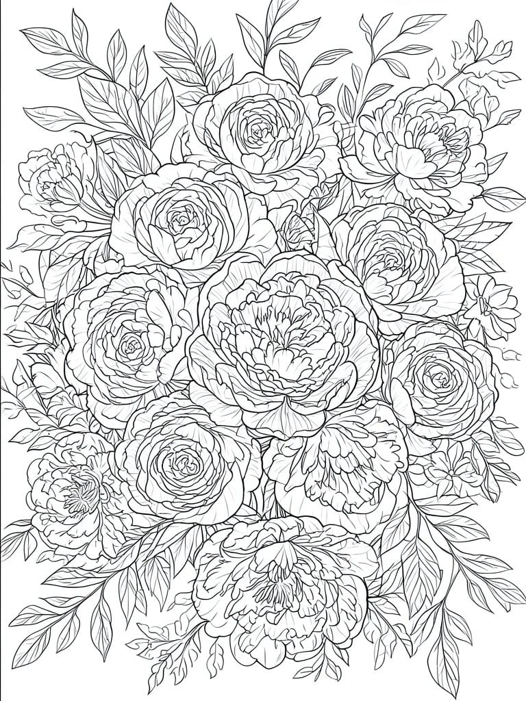 A black and white line drawing of a dense bouquet of peony flowers with leaves and stems.
