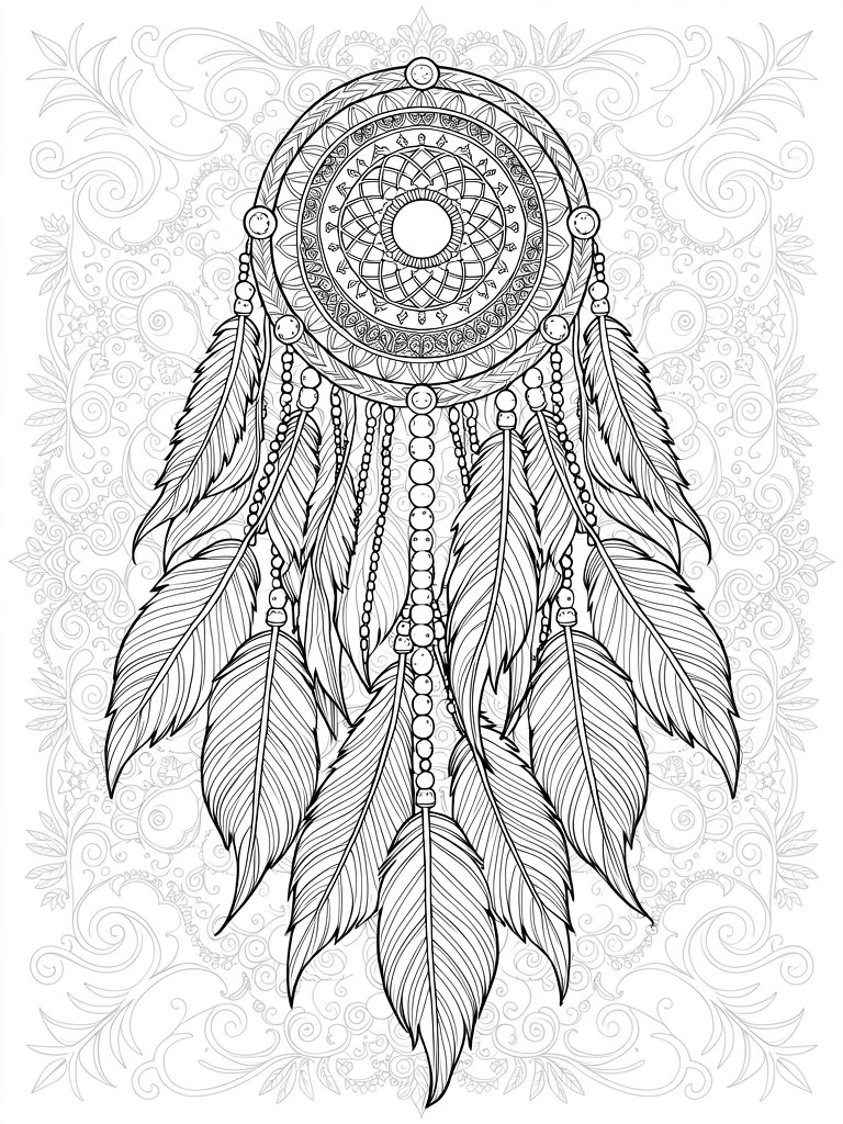 Intricate black-and-white dreamcatcher with feathers, beads, and mandala patterns on floral background