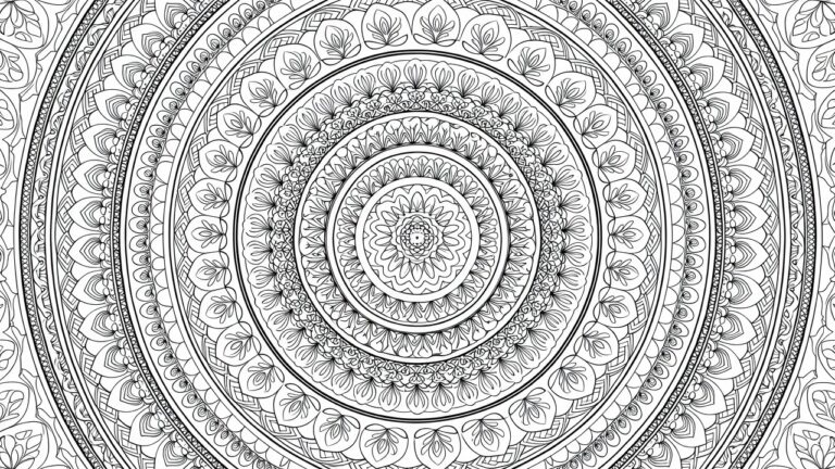 A black and white mandala coloring page with multiple concentric rings filled with floral and leaf patterns.