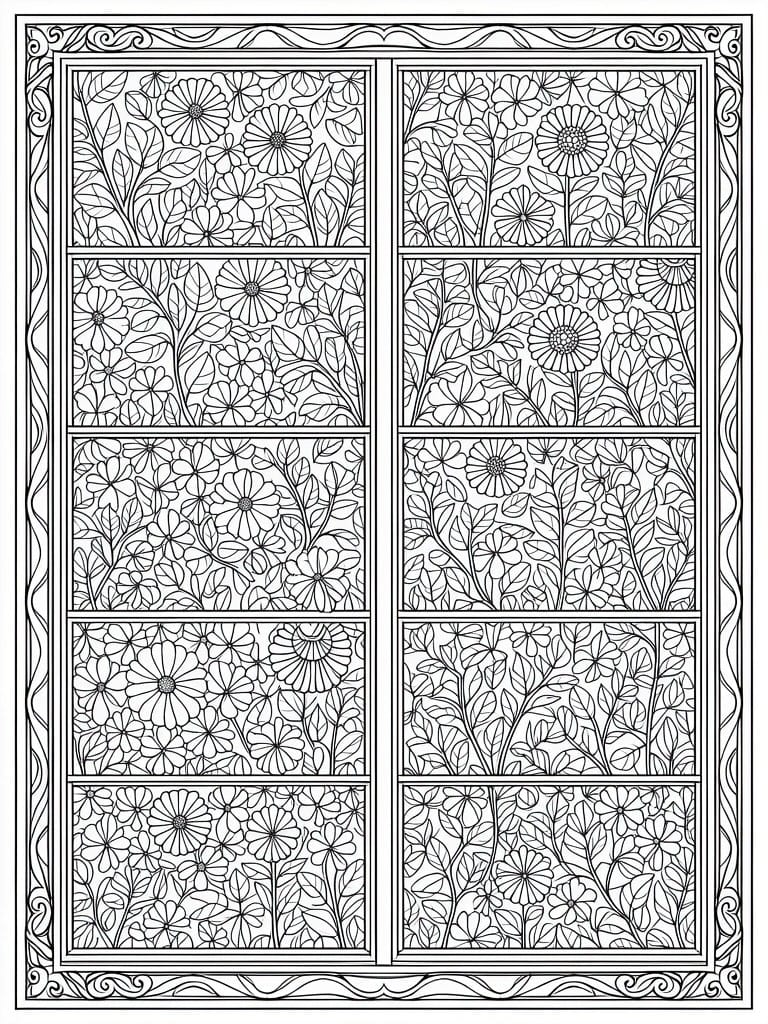 A black and white coloring page with two vertical columns of rectangular panels filled with flowers and leaves inside an ornate outer border.