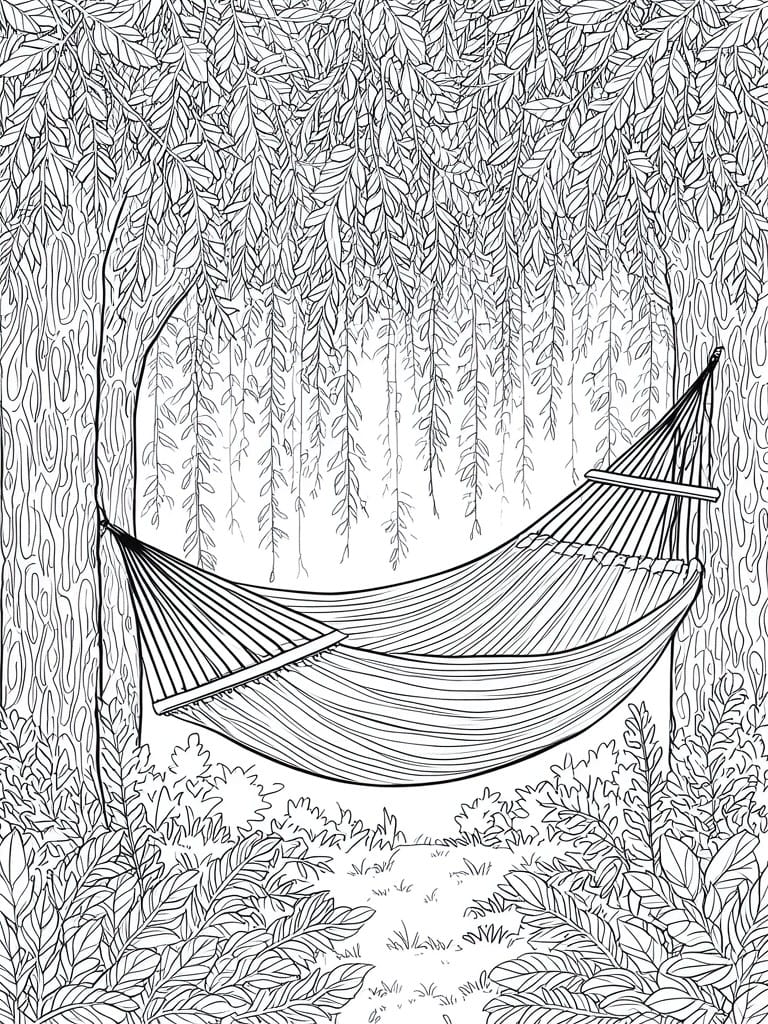 Black-and-white line drawing of hammock between trees amid dense forest foliage.