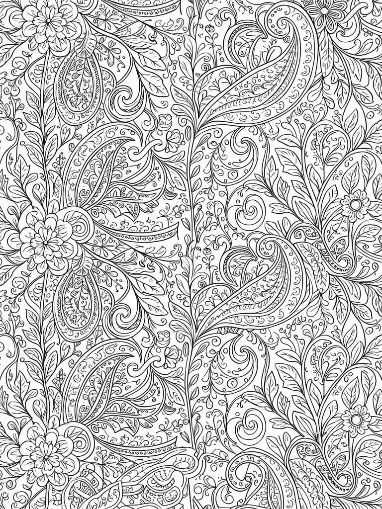 Intricate black and white paisley pattern with flowers, leaves, and swirling vines.