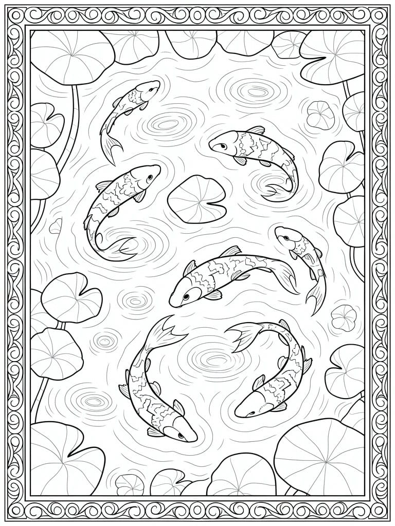 A black and white line drawing of koi fish swimming among lily pads in a pond with an ornate decorative border.