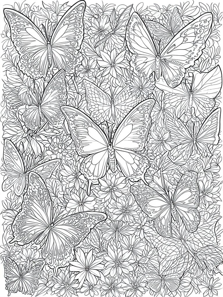 A black and white coloring page filled with many butterflies of different sizes and wing patterns among dense flowers.
