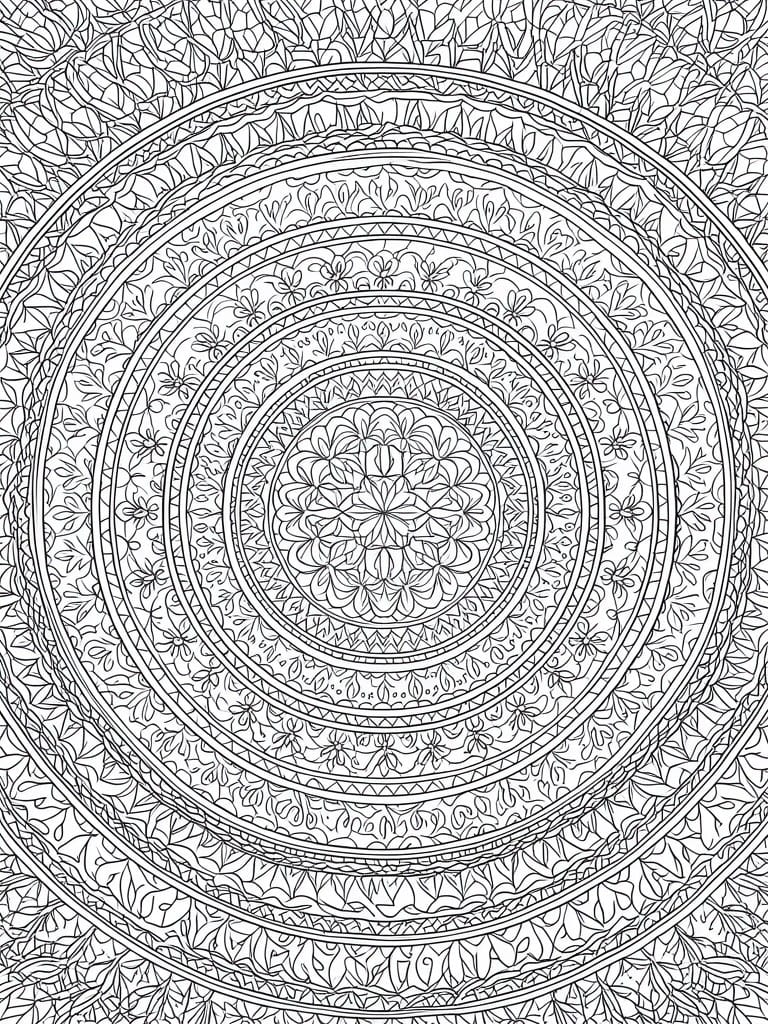 A black and white mandala coloring page with multiple concentric rings filled with floral and leaf patterns.
