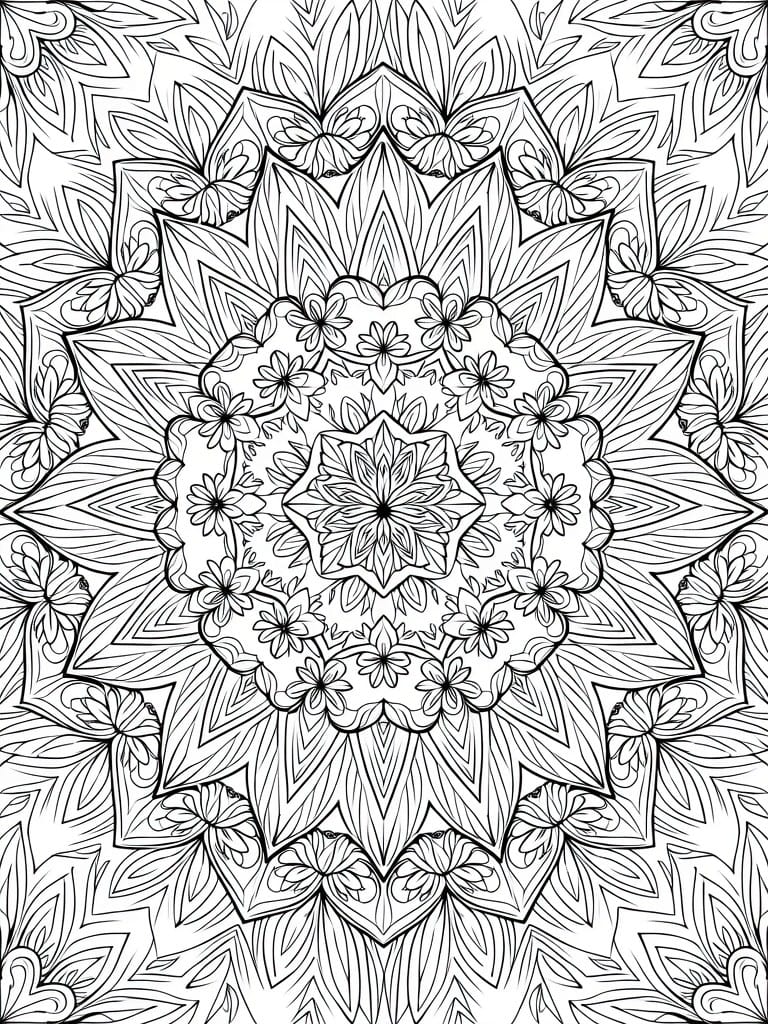 A black and white mandala coloring page with intricate floral and geometric patterns arranged in symmetrical rings.