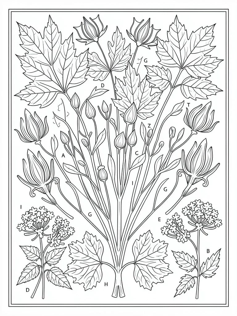 A black and white line drawing shows multiple wildflower stems with leaves, buds, and open flowers arranged together and labeled with letters.