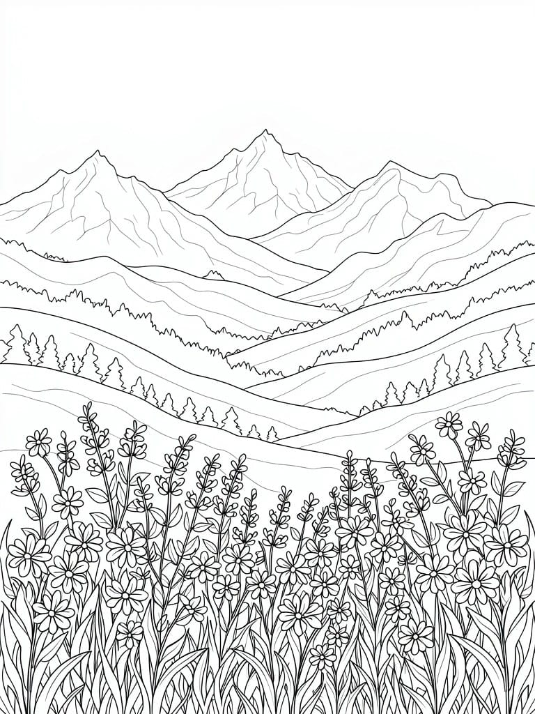 Line art landscape of mountains, rolling hills, pine trees and wildflowers.