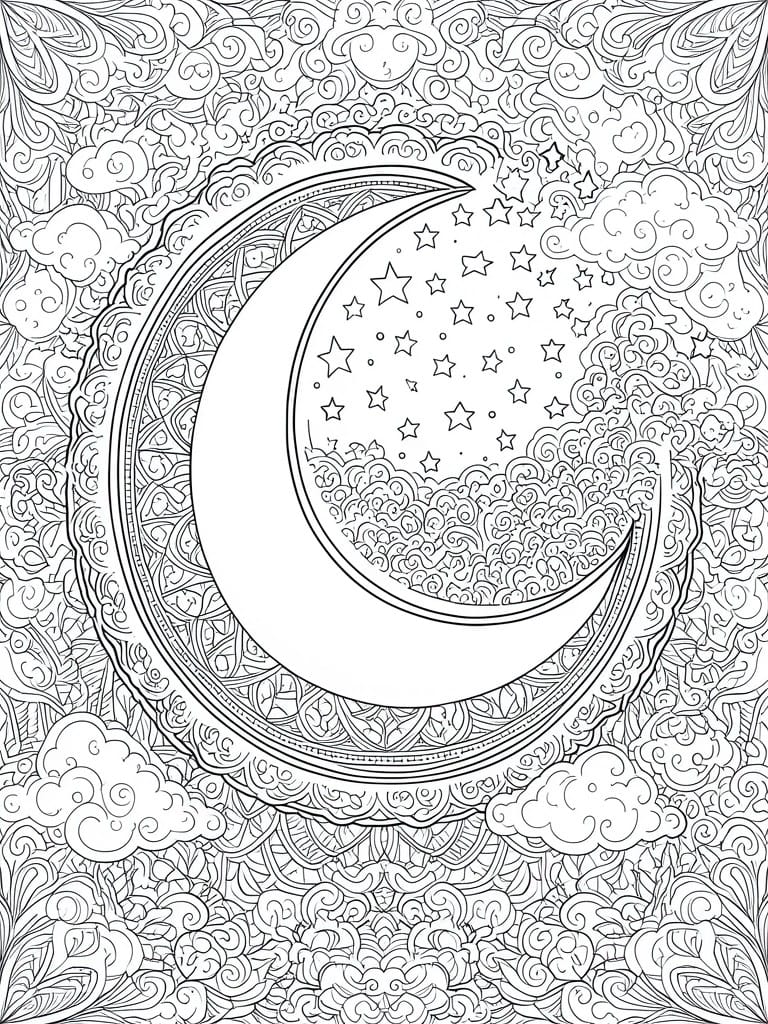 Ornate crescent moon with stars amid swirling clouds and mandala patterns