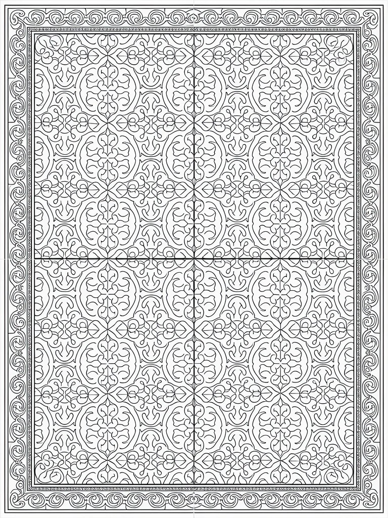 A black and white coloring page filled with repeating intricate floral and geometric patterns inside a decorative border.
