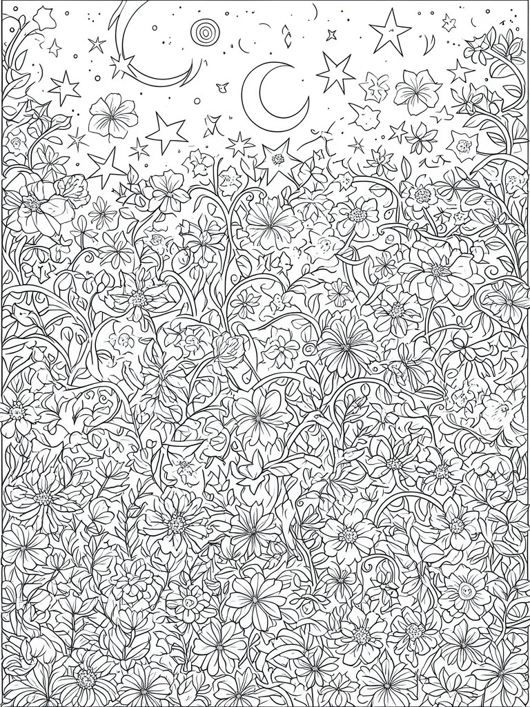 A black and white coloring page showing a starry night sky with moons and stars above a dense field of various flowers and vines.