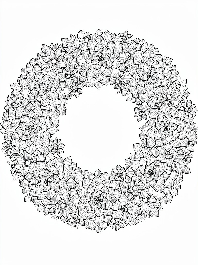 A black and white line drawing of a circular wreath made from many different succulents with an empty center.