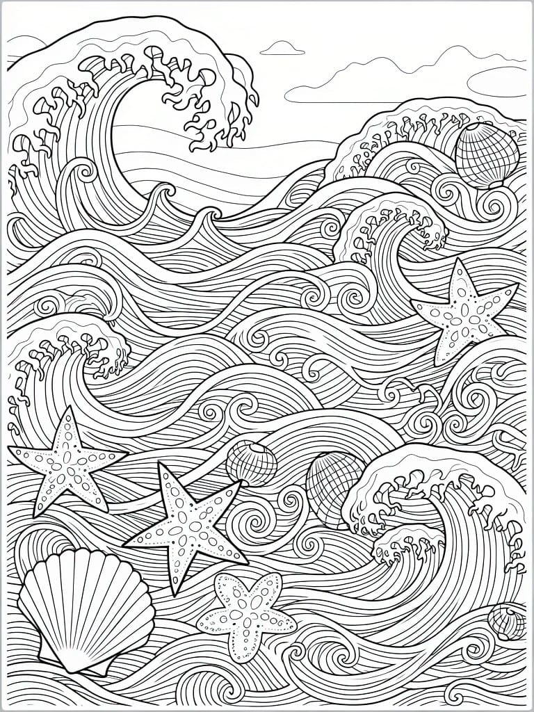 A black and white coloring page showing detailed ocean waves with starfish, seashells, and a ball scattered throughout.