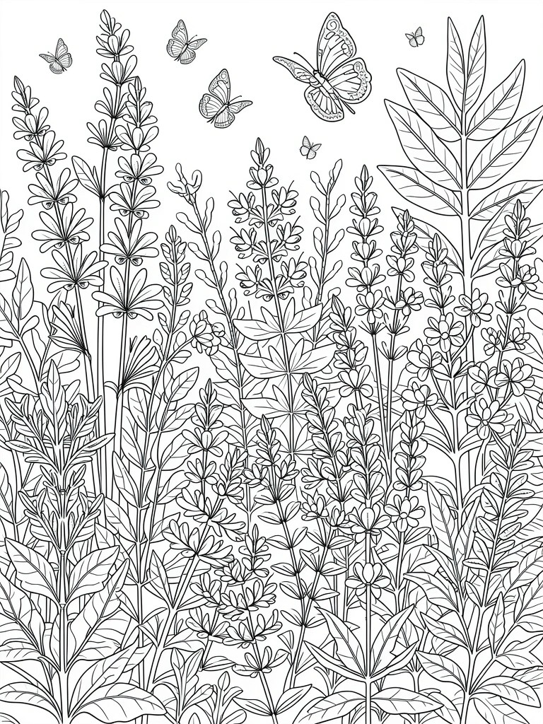 Black and white line drawing of wildflowers and butterflies in a meadow.