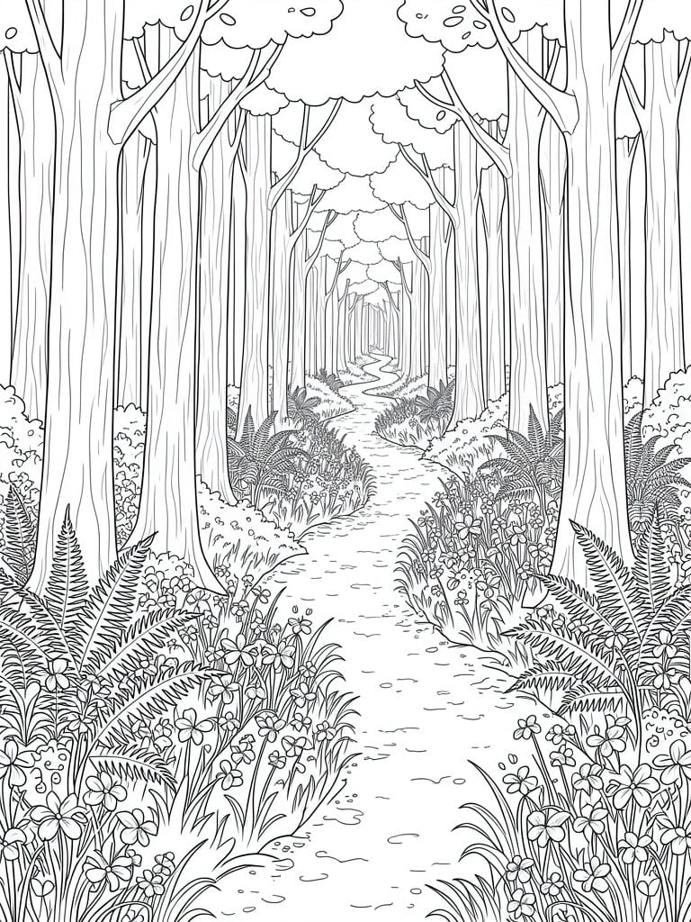 A black and white line drawing of a forest path winding between tall trees with flowers and ferns along both sides.