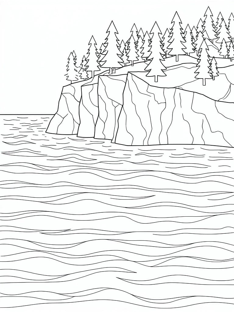 Line drawing of rocky cliffs with pine trees above wavy ocean waters.