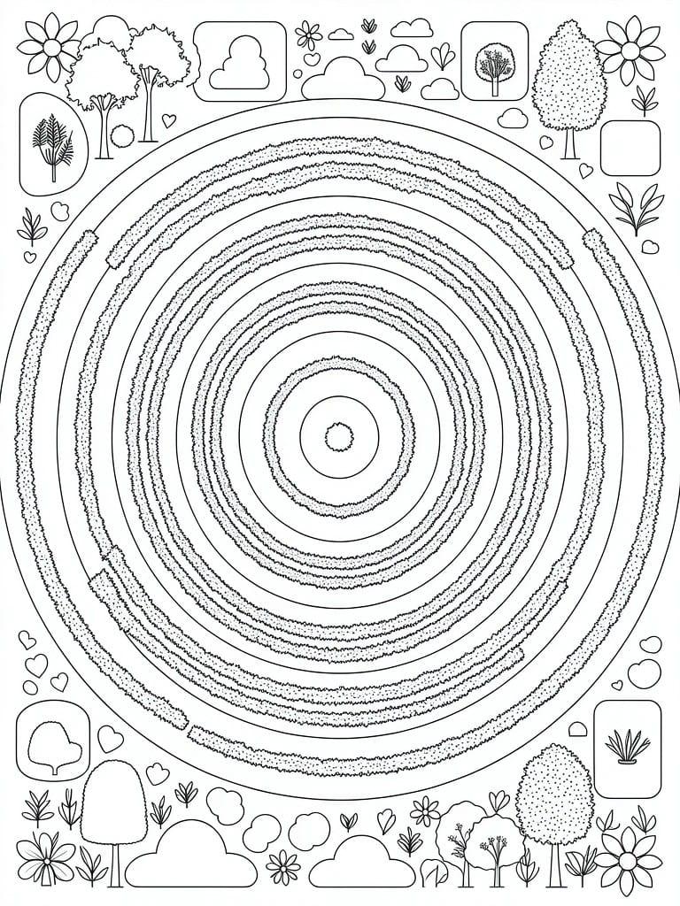 A black and white coloring page with multiple concentric circles featuring textured edges and scattered simple drawings of trees, flowers, clouds, and hearts around the borders.