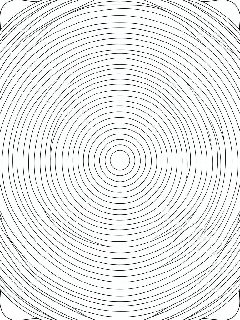 A black and white coloring page of many concentric circles with slightly irregular lines near the outer edges.
