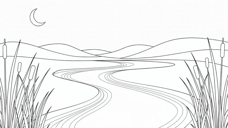 Line drawing of winding river through grassy hills under crescent moon at night.