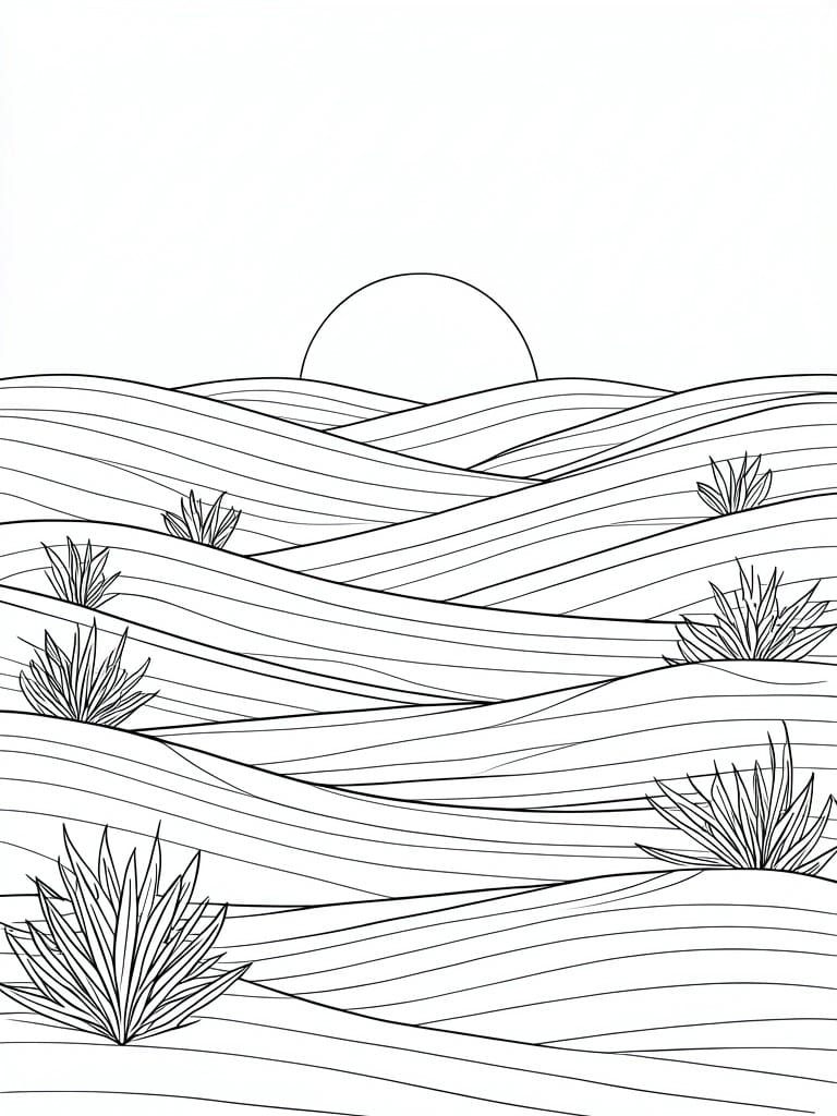 Black and white line drawing of rolling hills with a sun and multiple spiky desert plants scattered across the slopes.