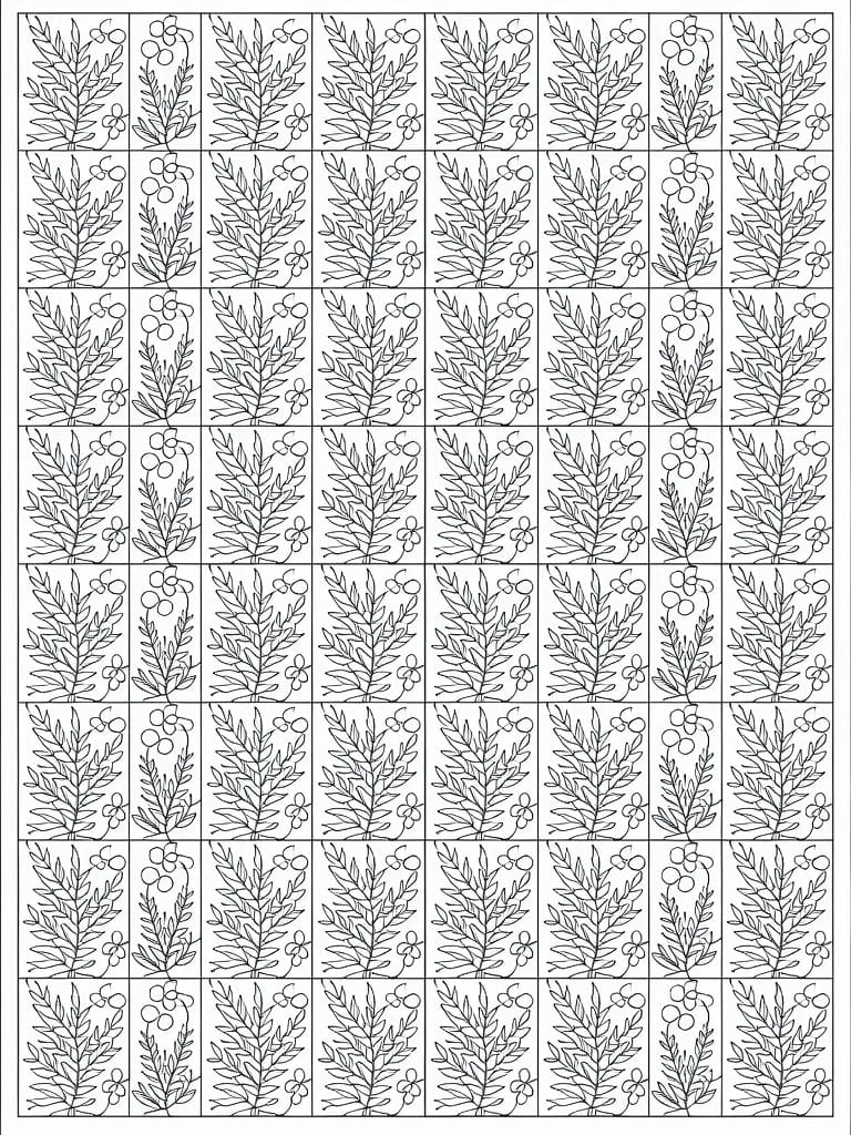A grid of black and white line drawings of plant stems with leaves, flowers, and berries arranged in multiple rows and columns.