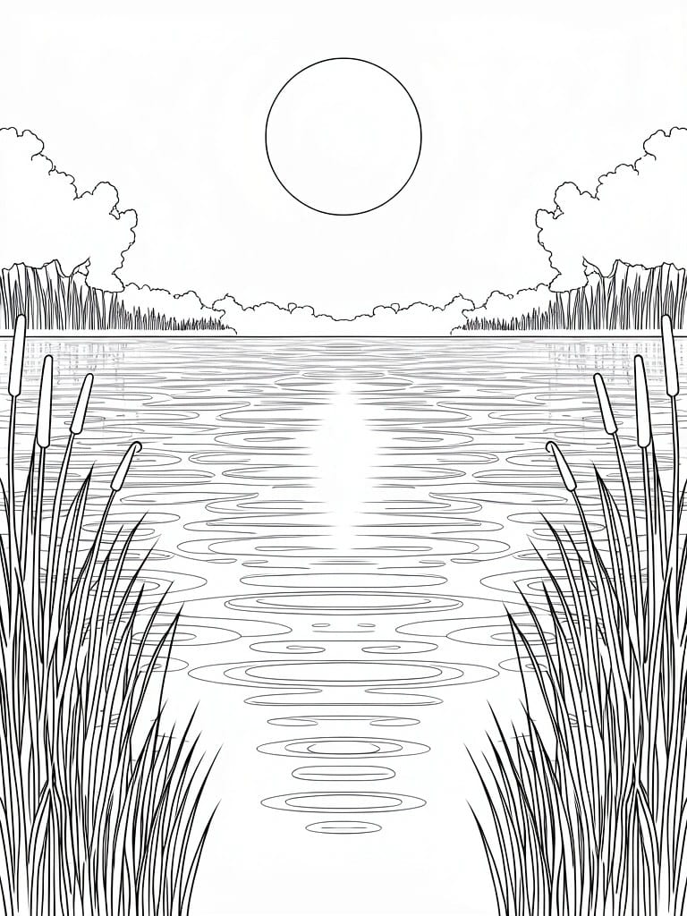 Line drawing of a sunny pond with rippling water and tall cattails.