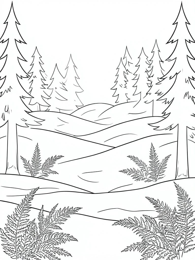 Black and white line drawing of pine forest with hills and ferns