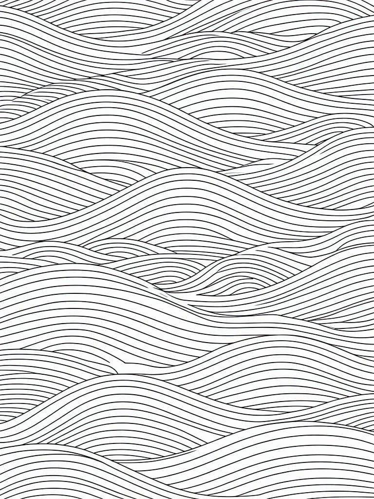 Black and white abstract pattern of overlapping parallel wavy lines resembling ocean waves.