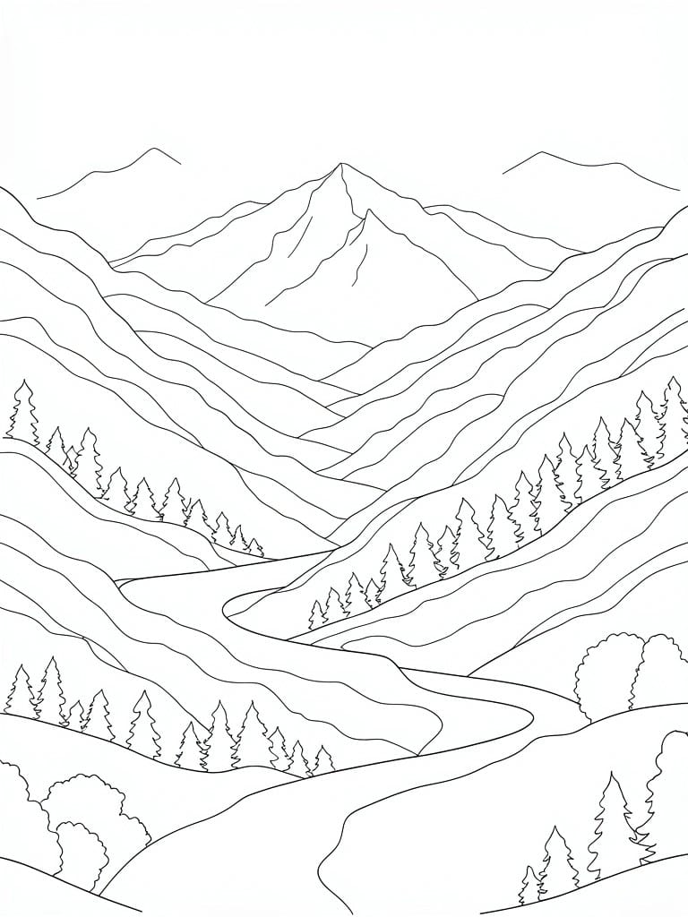 Black and white line drawing of mountains, pine trees, and winding hills