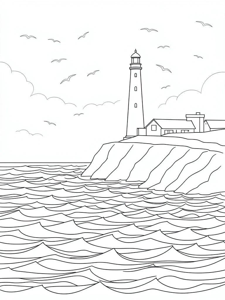 Coloring page of lighthouse on cliff above wavy ocean with birds and clouds