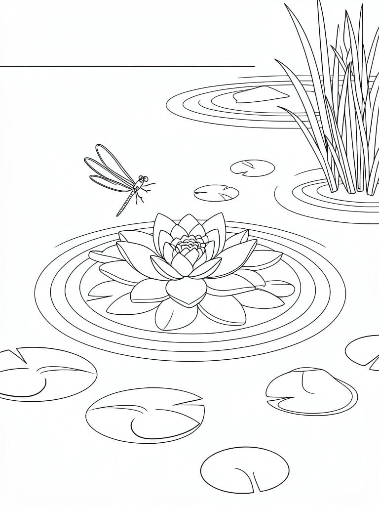 Line art of dragonfly over lotus flower amid lily pads in pond.