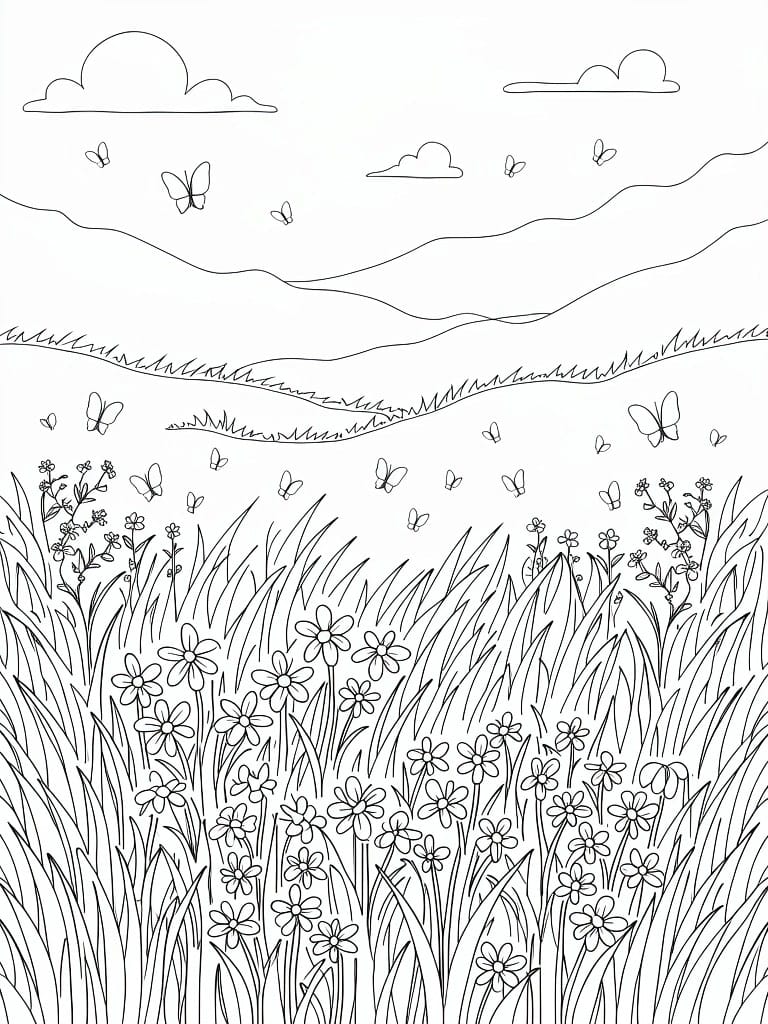 A black and white line drawing of a meadow filled with flowers, grass, butterflies, hills, and clouds.